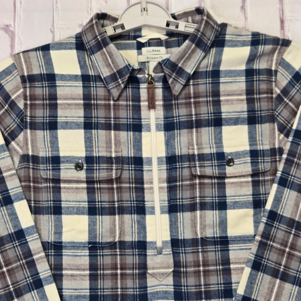 L.L.Bean Flannel Shirt Blue Brown Plaid Quarter Zip Soft Cotton Mens Large L